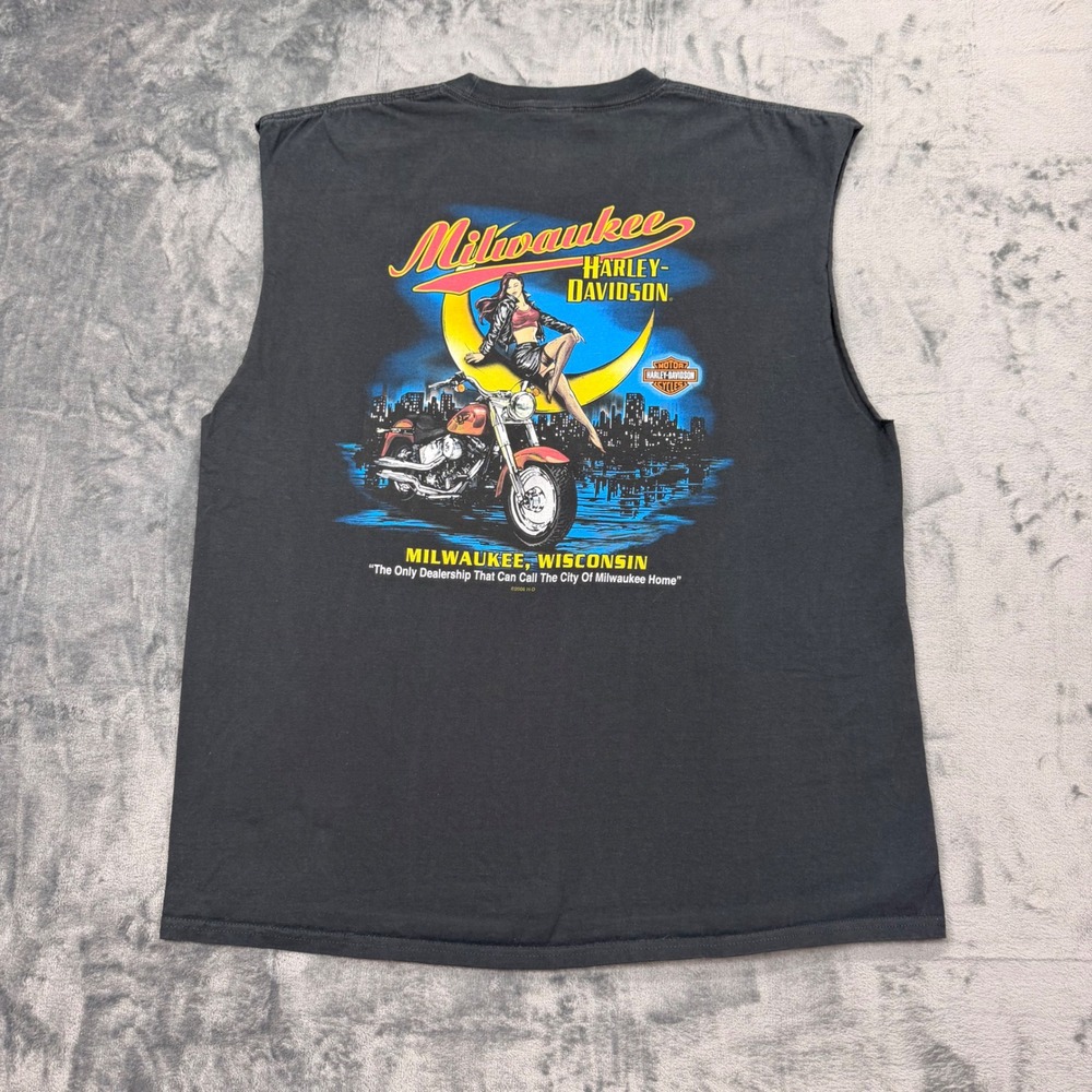 Harley 110th Anniversary Pinup Babe Sleeveless Shirt Mens XL Black Tee - Picture 2 of 9